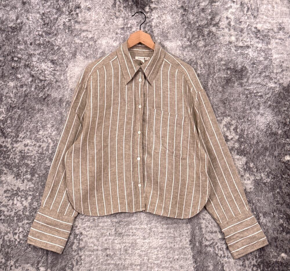 Banana Republic Boxy Cropped Linen Shirt Large Tall Womens Green Striped
